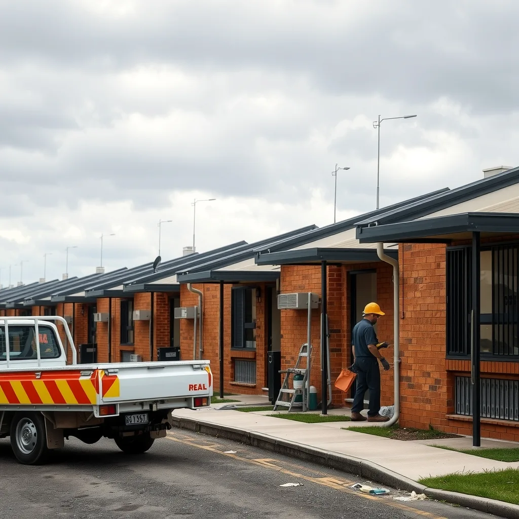 Tradesperson arriving at a row of social housing units with tools