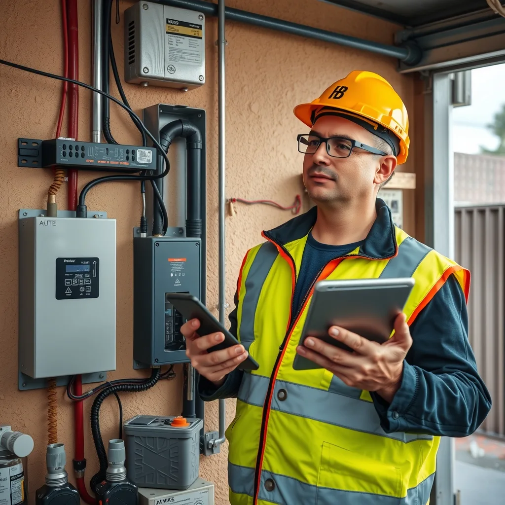 Electrician commissioning a home battery next to a switchboard in an Australian garage