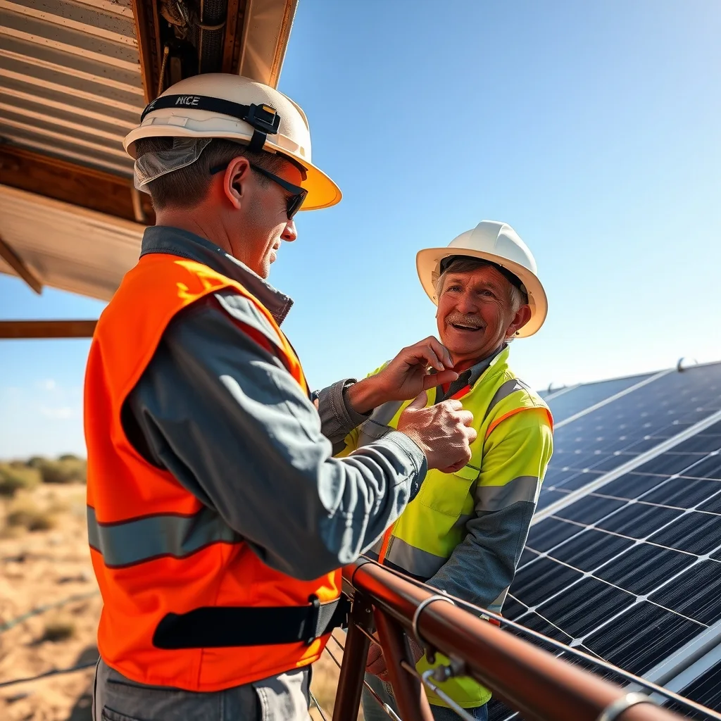 An electrician fixing solar mounting rail to a corrugated metal roof