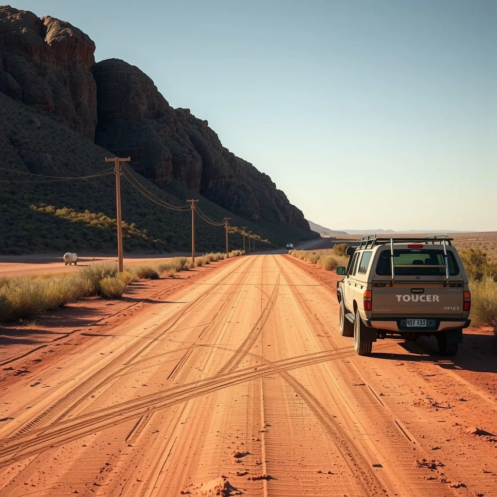 A dirt road leading to a remote community in the Kimberley with a work ute parked at the roadside