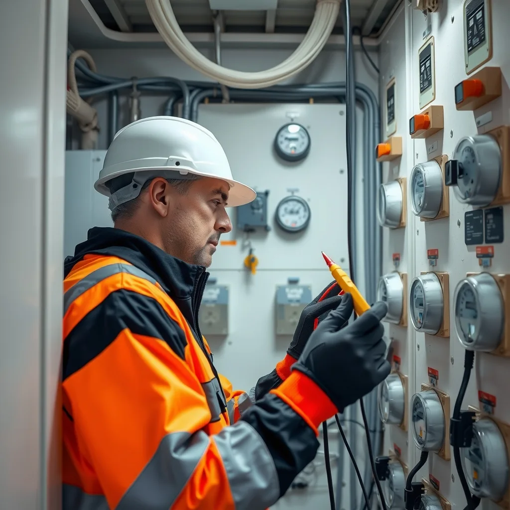 Electrician working on a bank of apartment electricity meters in a building meter room