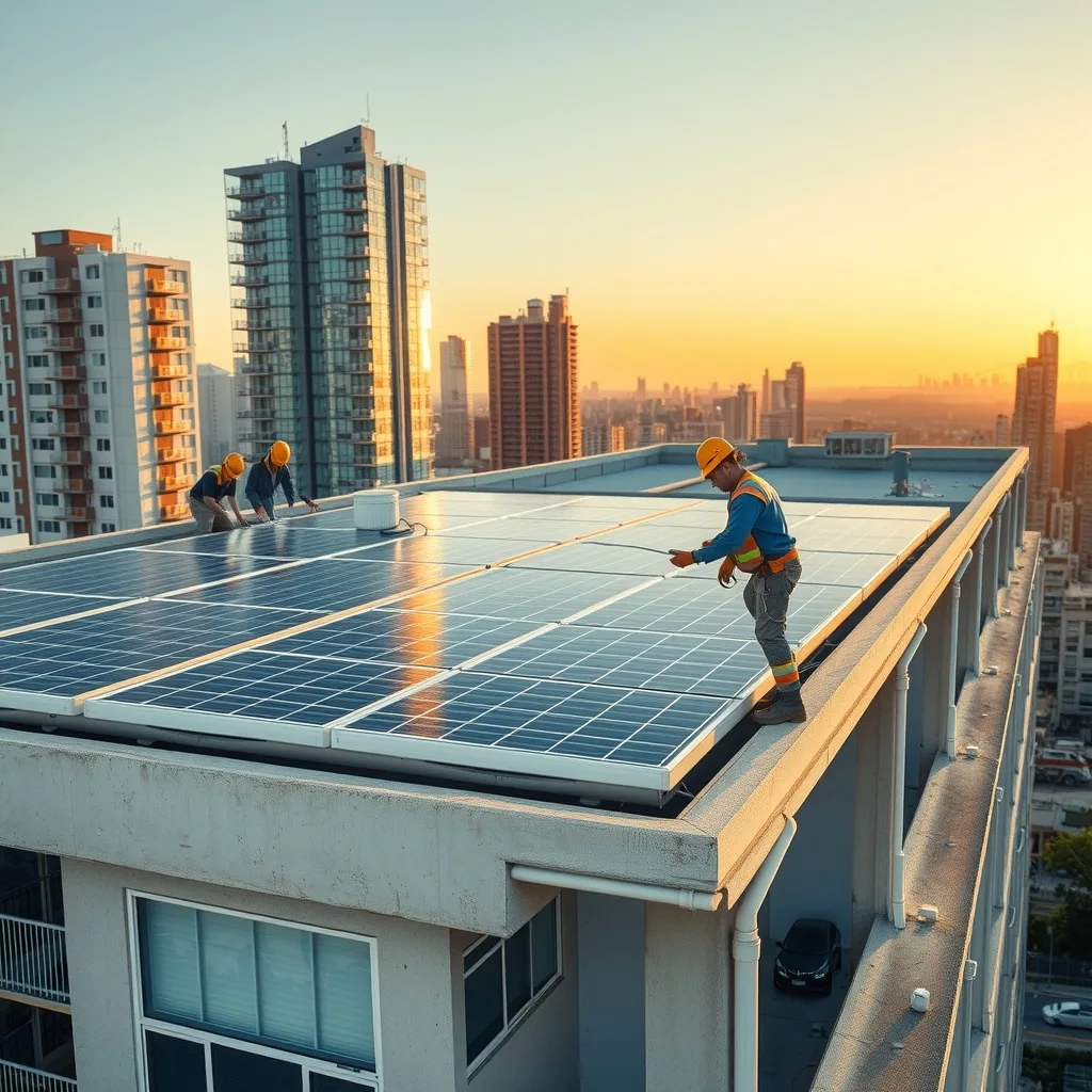 Solar panels installed across the flat roof of a multi-storey apartment building in an Australian city