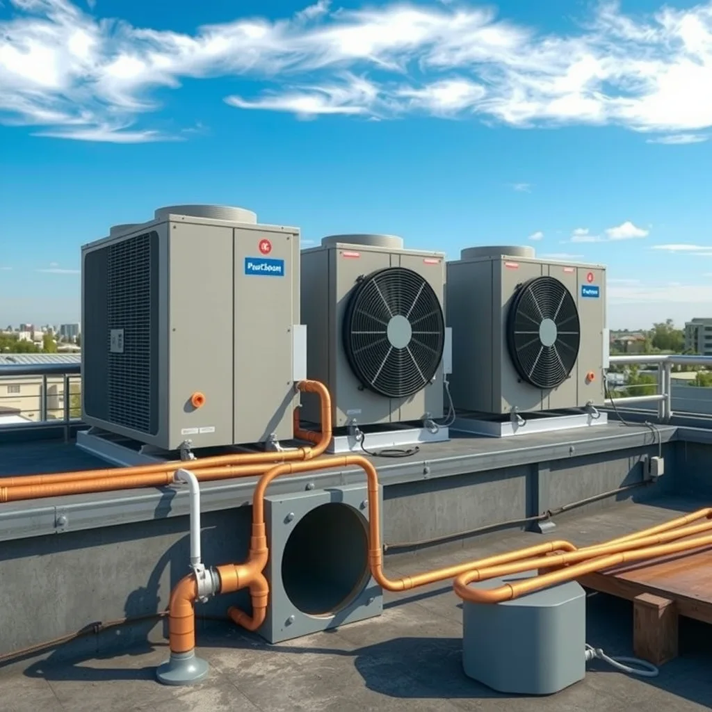 Three commercial VRF outdoor units on a rooftop plant deck with insulated copper pipework running to a riser.
