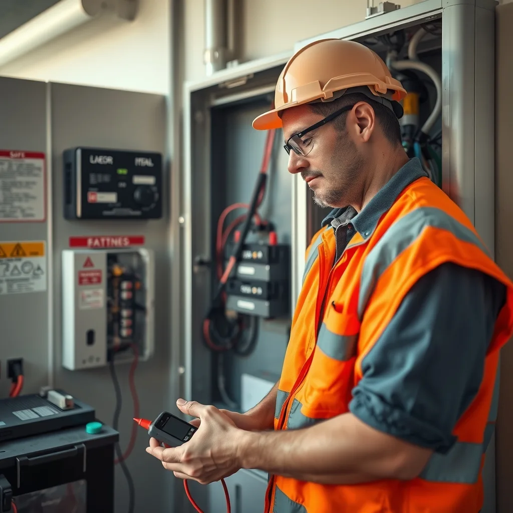 An electrician working in a home switchboard next to a battery inverter