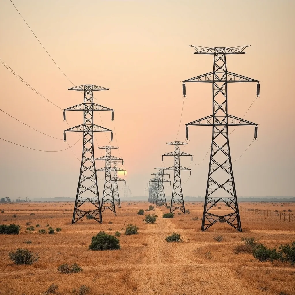 Transmission towers crossing dry farmland on a hot day in regional New South Wales