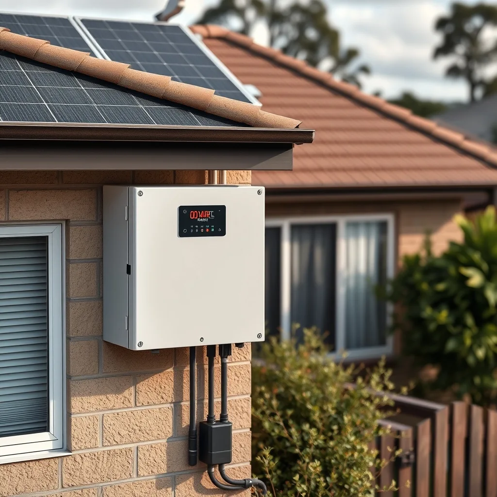 A wall-mounted home battery unit installed beside rooftop solar panels on an Australian suburban house.