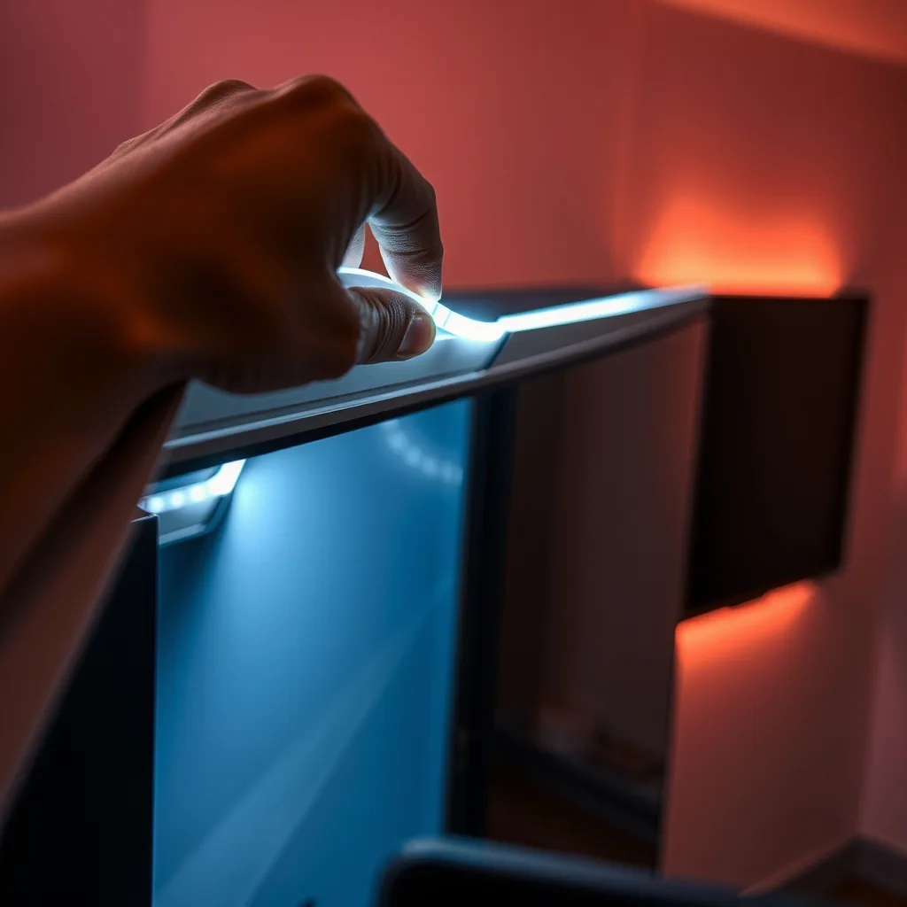 Hand fitting a flexible LED strip to the back of a wall-mounted television
