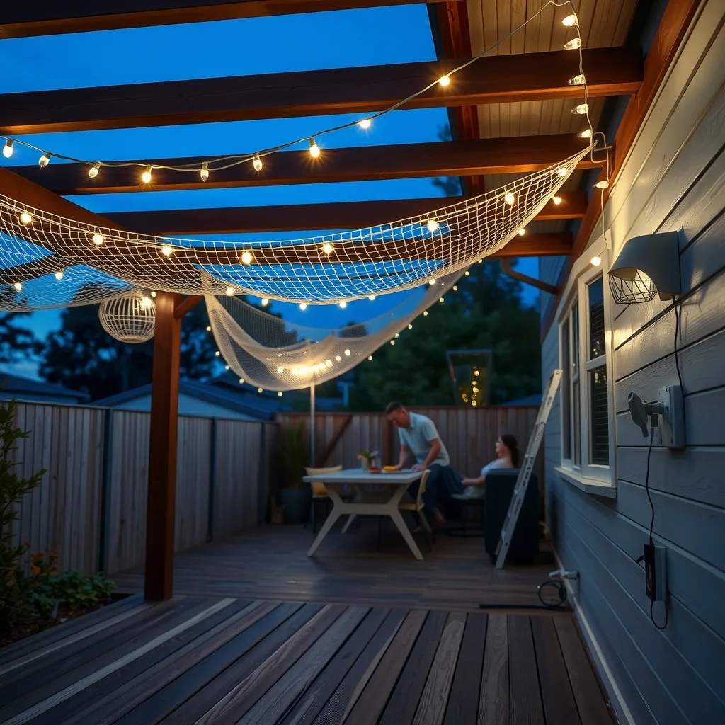 Festoon and net string lighting strung across a backyard pergola at dusk