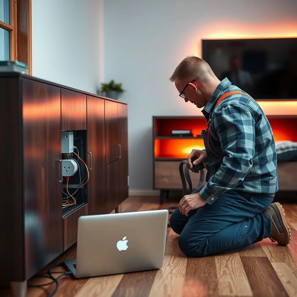 Installer setting up a small smart-lighting hub in a media cabinet in an Australian lounge room