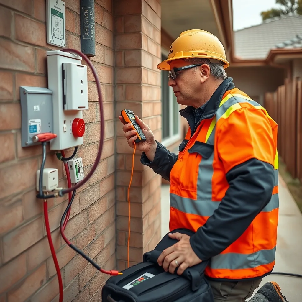 An electrician in hi-vis testing an outdoor power point on the wall of a suburban home