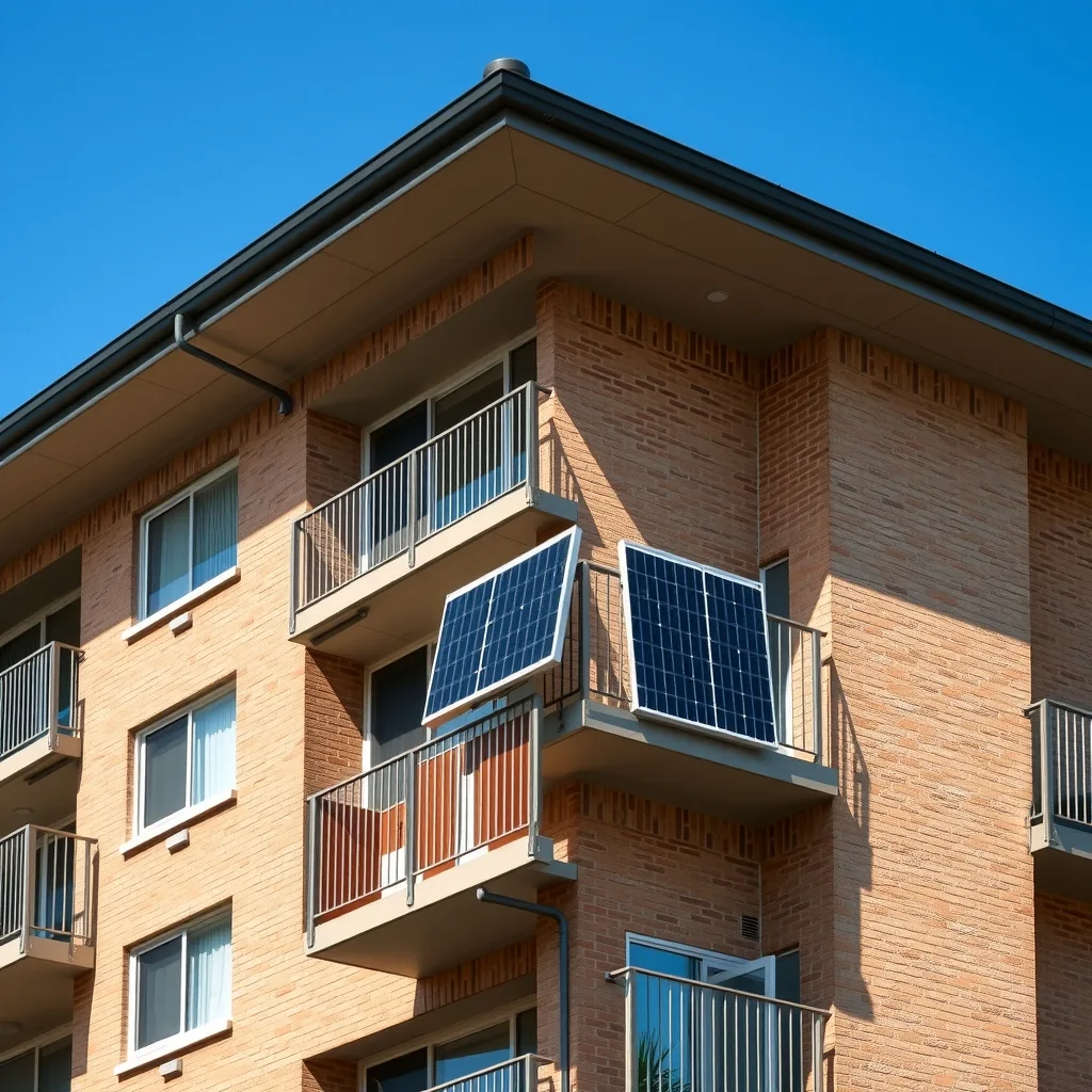 A small solar panel clipped to the railing of an apartment balcony on an Australian residential block