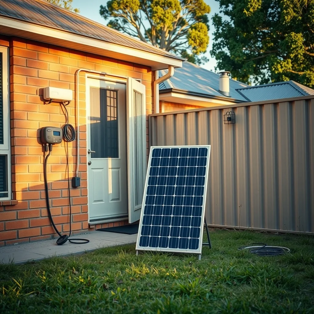 A portable solar panel set up in the back yard of a suburban Australian house with a lead running to an outdoor power point