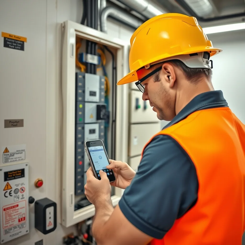 Electrician photographing a switchboard on a phone for compliance records