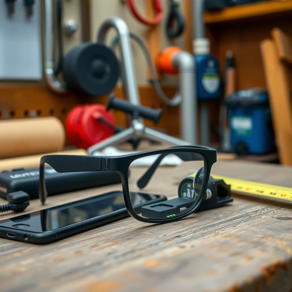 Generic smart glasses resting on a workbench beside a phone and tape measure