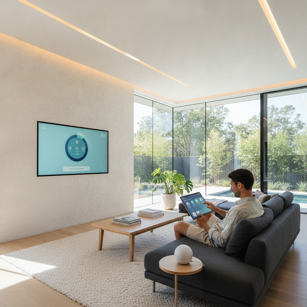 Modern Australian living room with smart home technology including a smart display and automated lighting