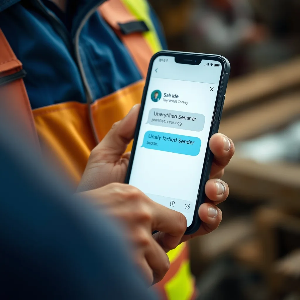 A smartphone displaying an incoming text message with an 'unverified' sender badge notification.