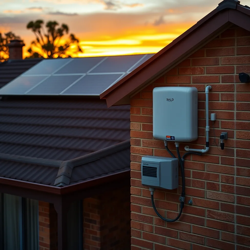 Rooftop solar panels and a wall-mounted home battery system on a brick Australian house at sunset.