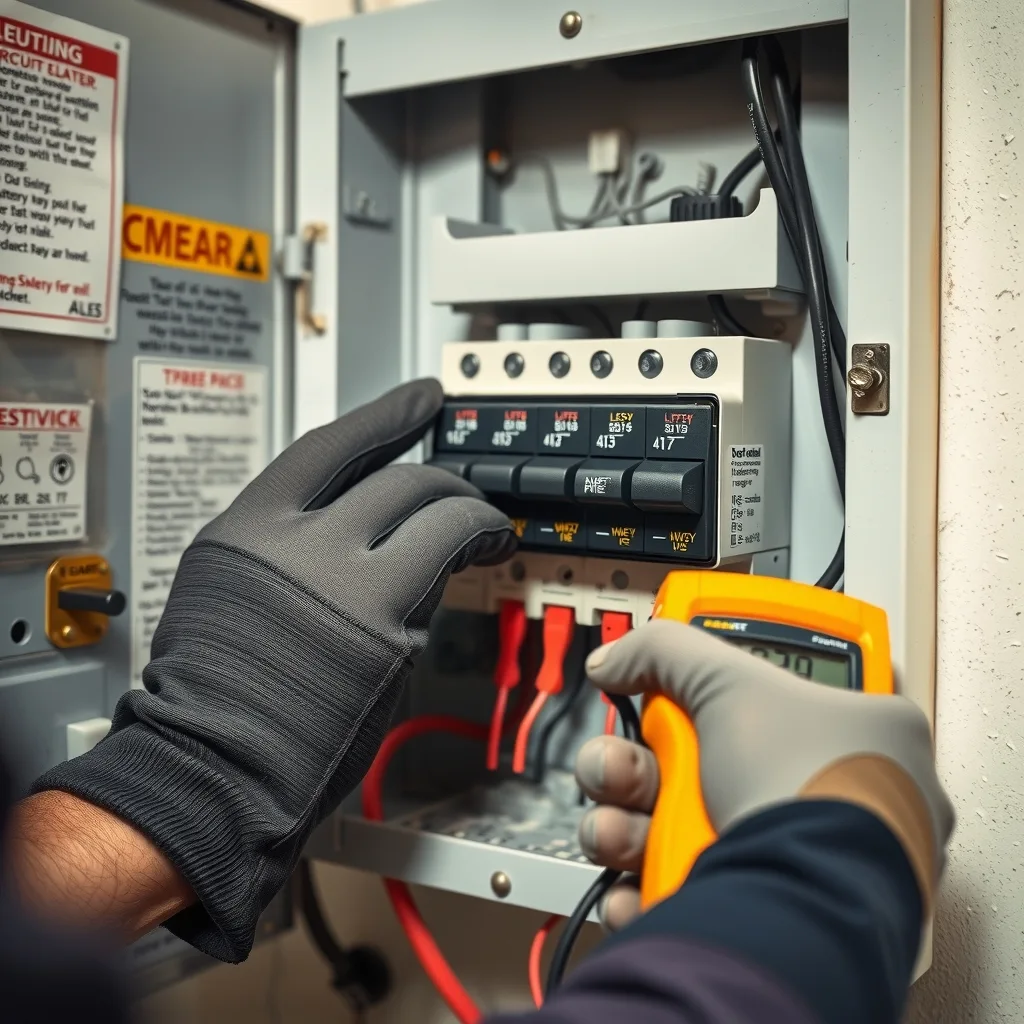 A licensed electrician testing circuits inside a home switchboard during a battery connection