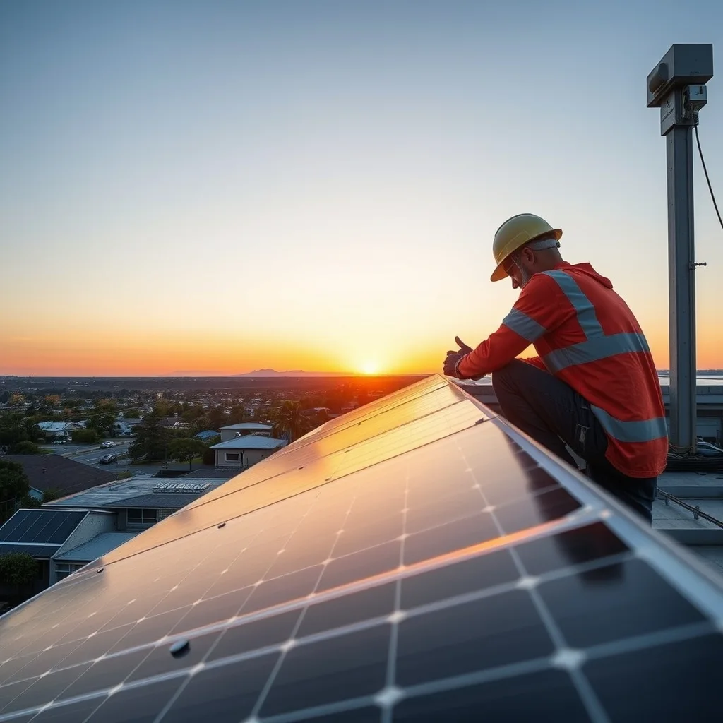 Solar panels covering a commercial rooftop at dawn, with suburban landscape in the distance.