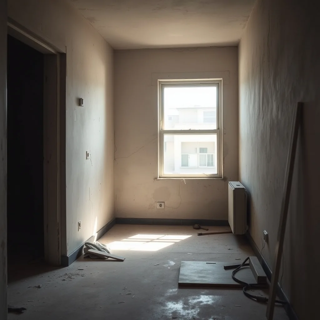Interior of a modest apartment with harsh sunlight streaming through a window, showing bare walls and minimal furnishings.