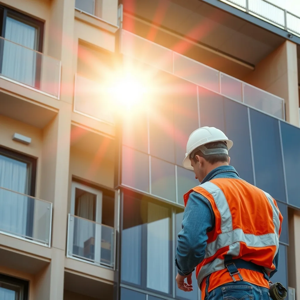 Modern apartment building facade with integrated solar glass panels catching afternoon sunlight.