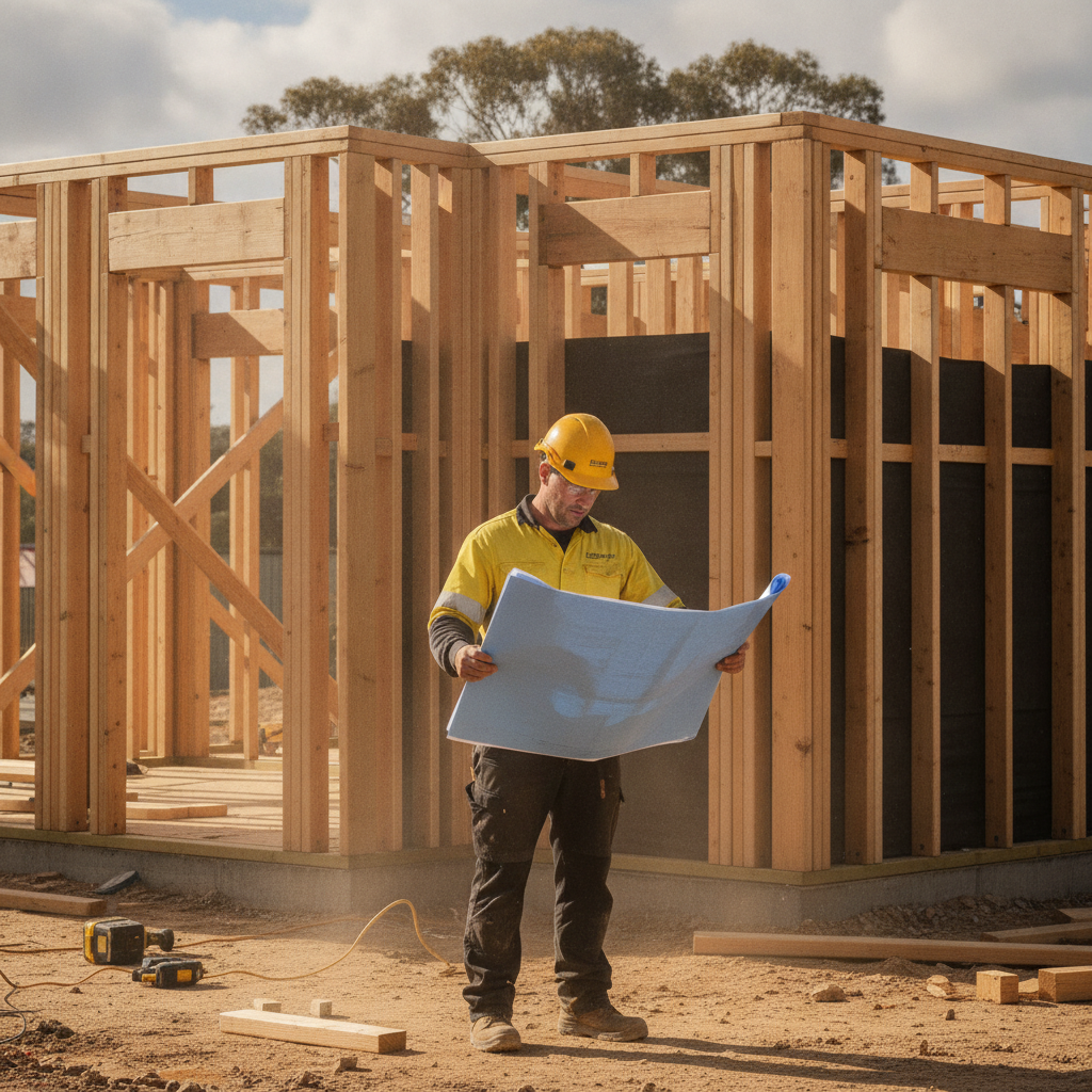 A carpenter reading timber framing plans on a residential construction site