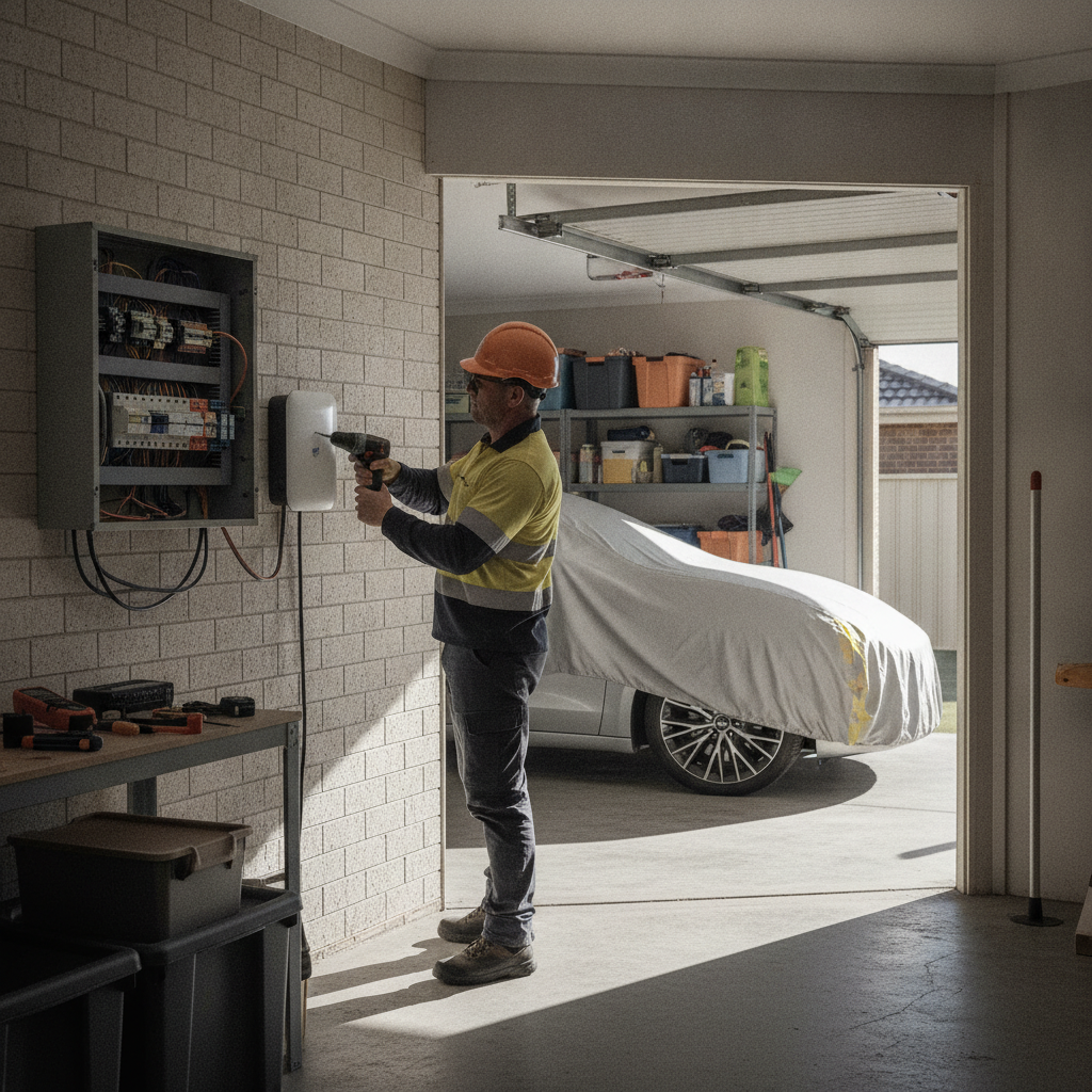 An electrician installing a wall-mounted EV charger in a home garage
