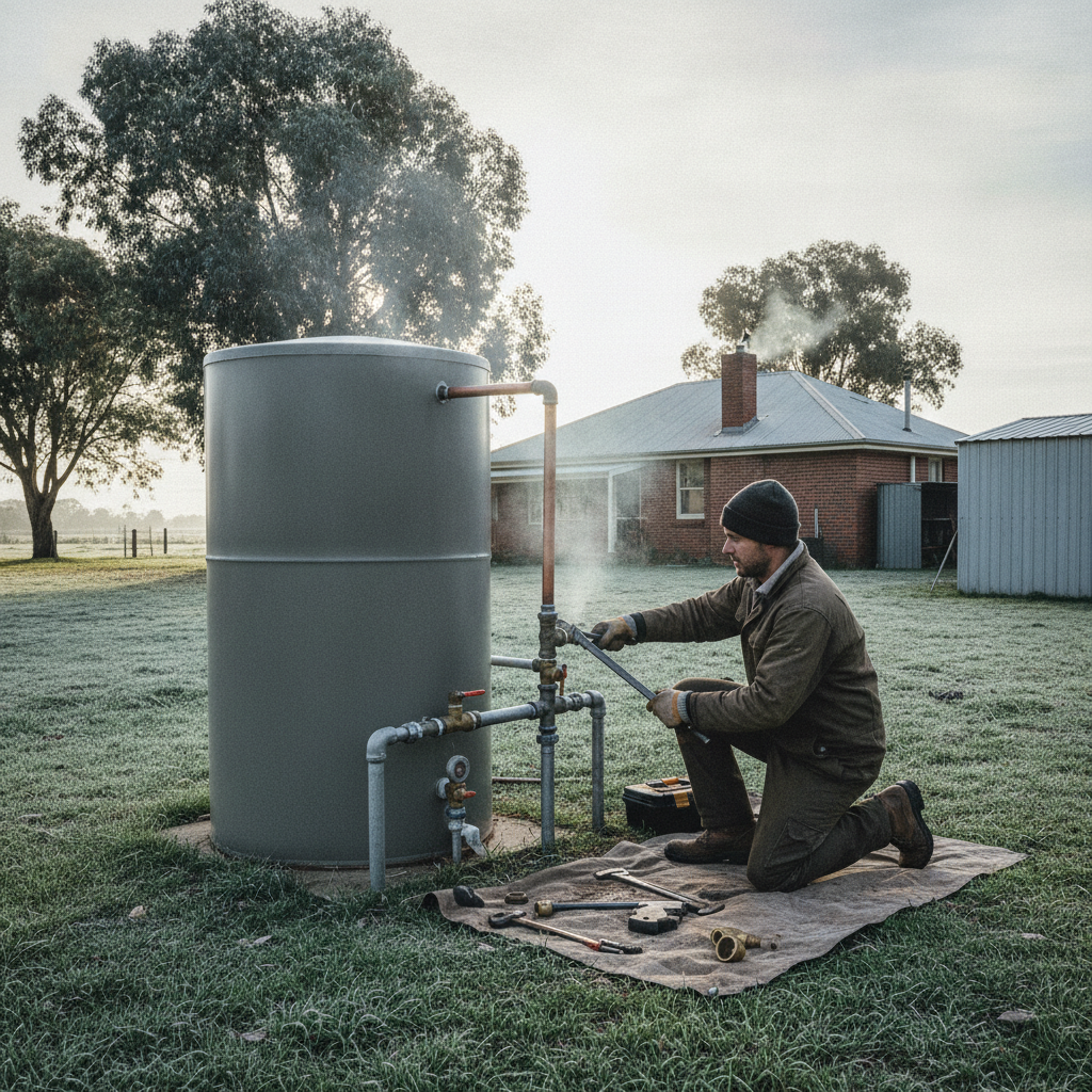 A plumber servicing a domestic hot water storage tank outside a home